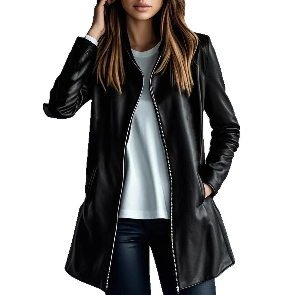 Women's solid black medium-length leather jacket with long sleeves laid flat.