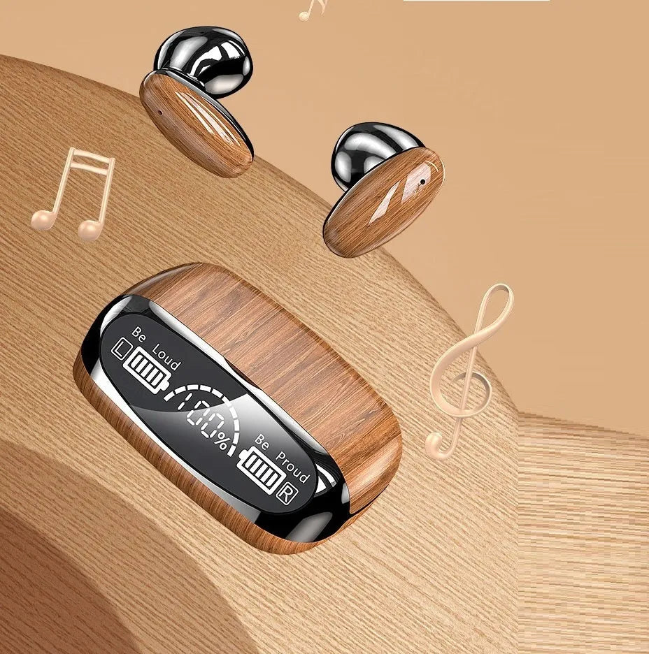 Wood grain M35 TWS Bluetooth headphones with charging case showing power display