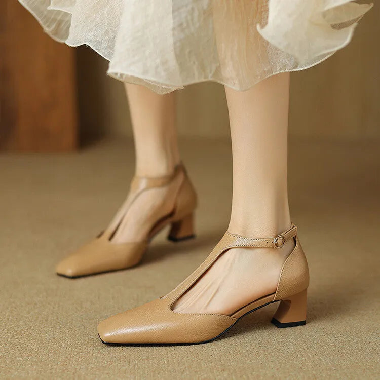 Red women's square toe chunky heel shoes with buckle, made from sheepskin leather.