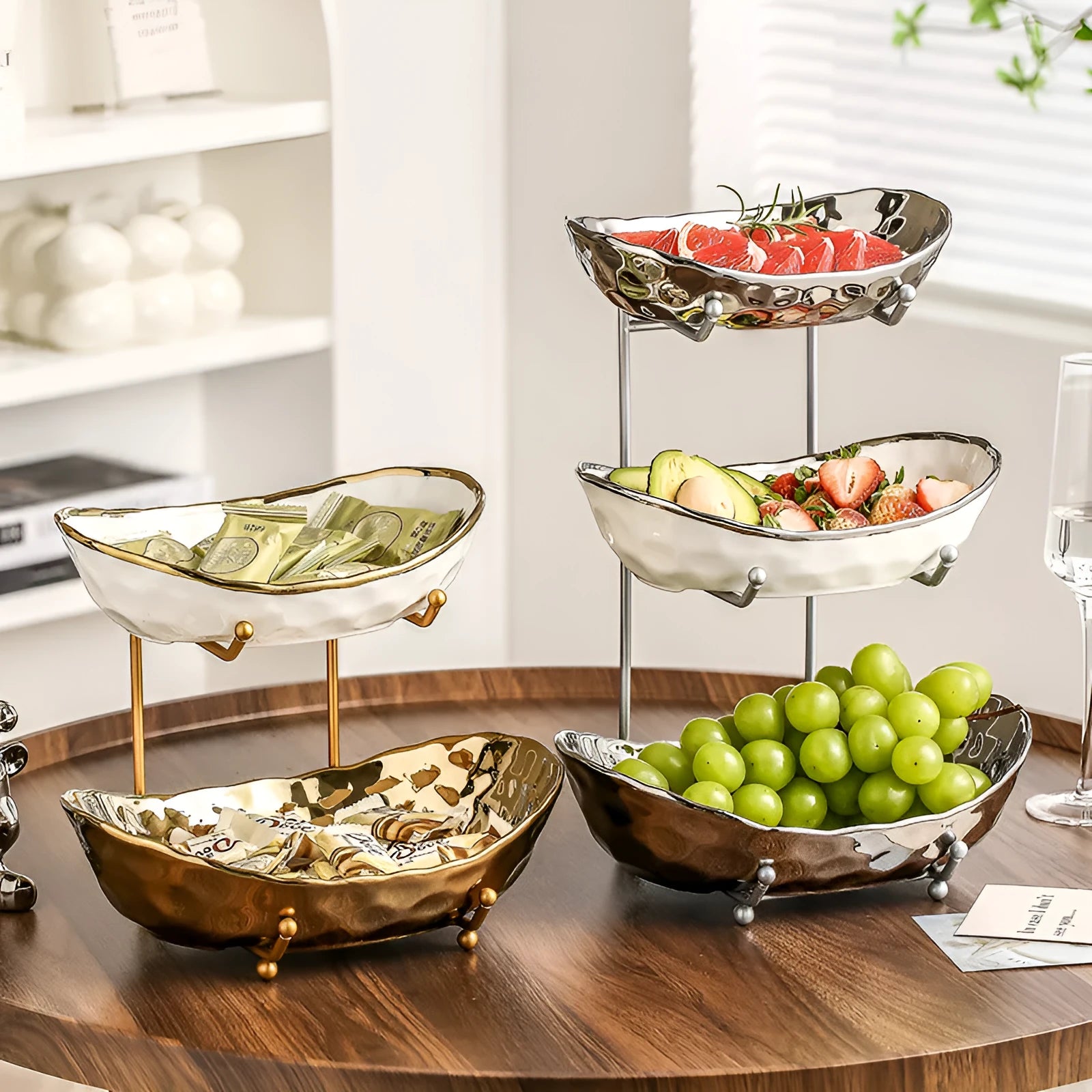 Multi-layer light luxury ceramic fruit tray with gold electroplated stone texture finish
