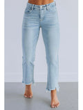 Casual women's denim trousers with hand-worn detailing in dark blue cotton fabric