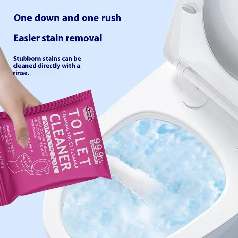 Toilet bubble descaling powder in blue ocean or pink floral scent, in boxed or large bag packaging.