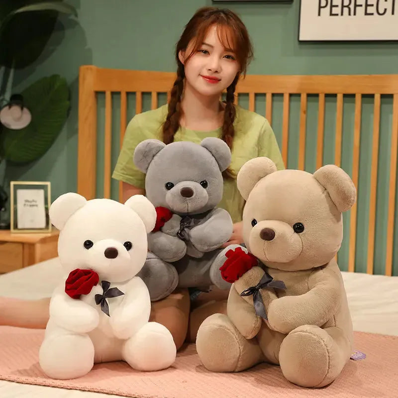 Rose teddy bear plush pillow stuffed animal doll in beige, brown or grey colours, shown in 23cm to 45cm sizes.