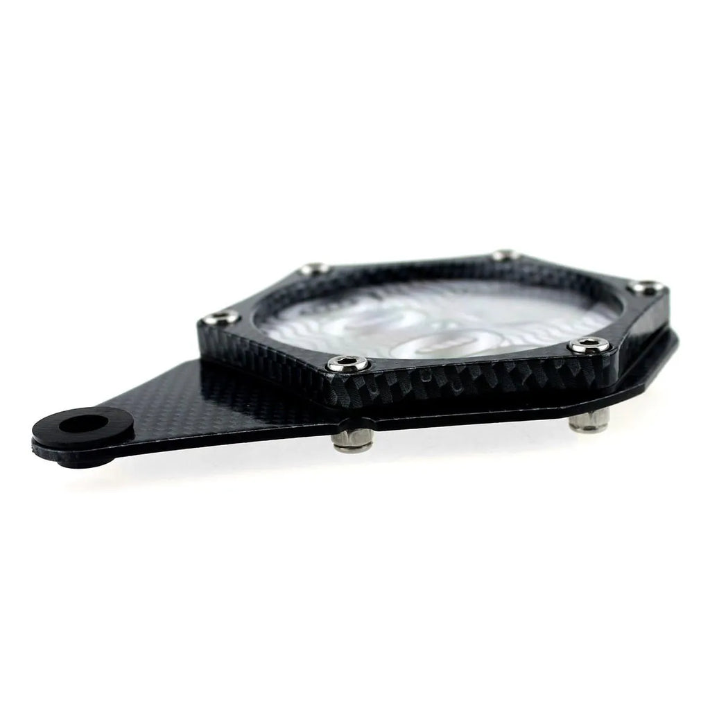 Black carbon fibre pattern motorcycle tax disc holder made of aluminium alloy with anti-theft screw.