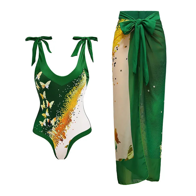 Women's solid colour one-piece swimsuit with removable skirt in Asian sizes