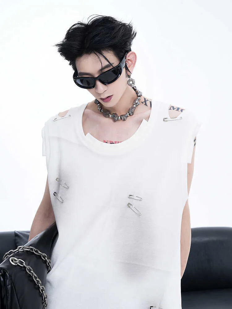 Men's black sleeveless vest waistcoat with an irregular ripped cut design and round neck collar