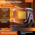 White desktop ceramic heater with rotatable base and push-button controls on wooden surface