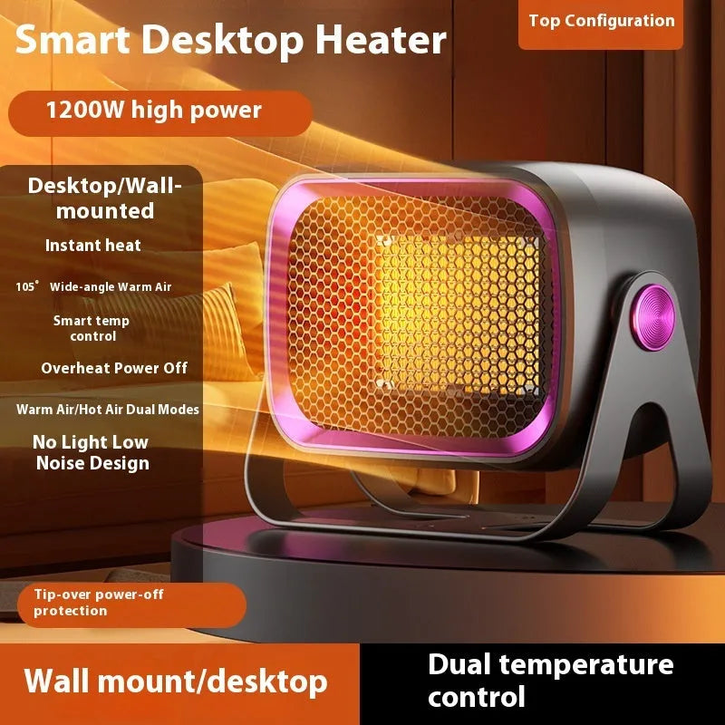 White desktop ceramic heater with rotatable base and push-button controls on wooden surface
