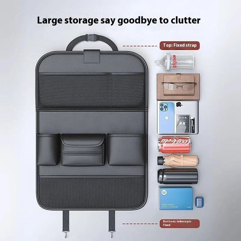Black leather car seat back storage rack with handle, suspended on a car seat