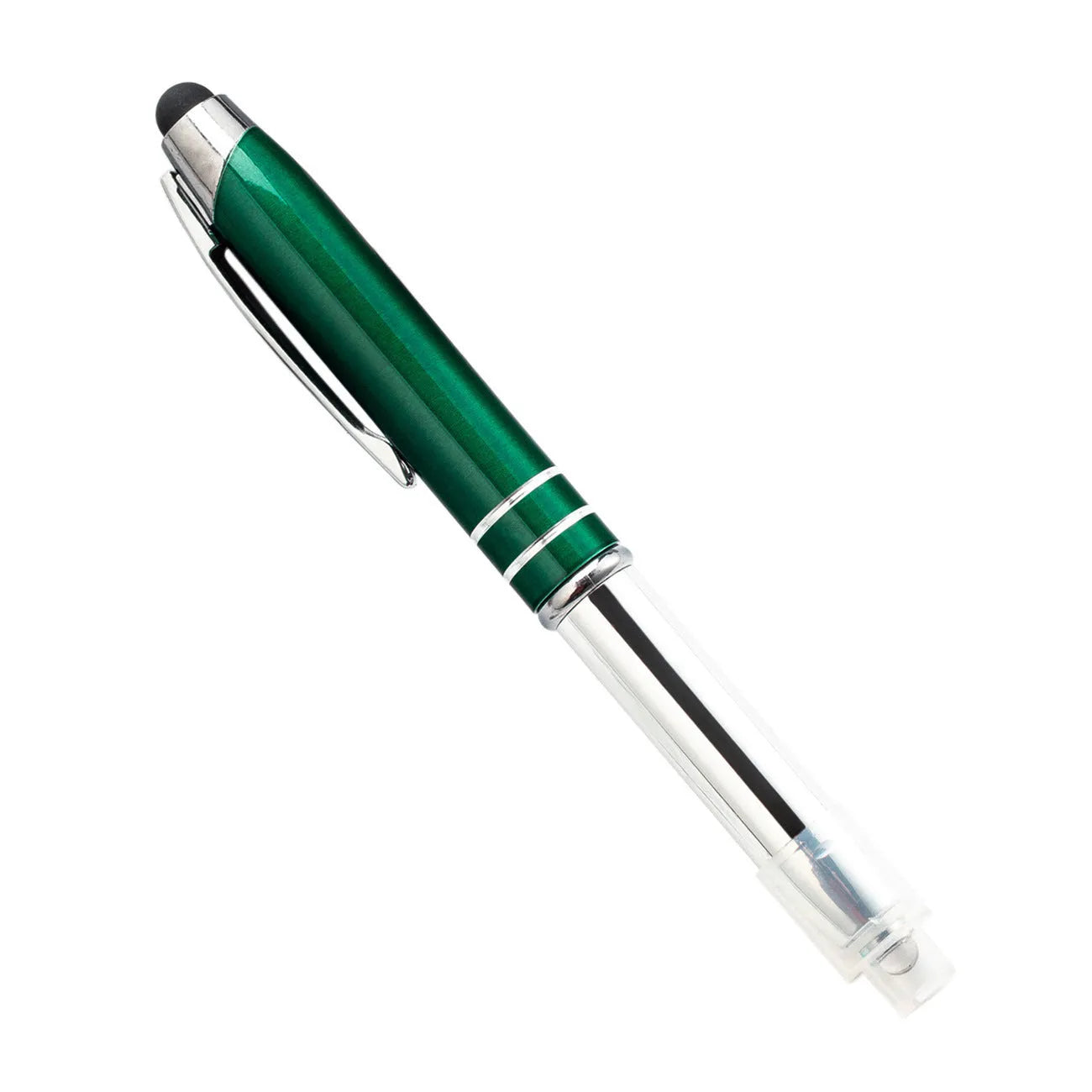 Red metal capacitive stylus and ballpoint pen with built-in LED light, shown with bullet-type nib.
