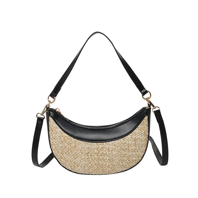 Women's straw crossbody bag with dumpling shape, contrast stitching and single shoulder strap