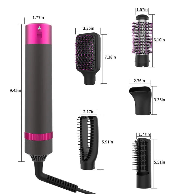 Dyson grey 5-in-1 hair dryer styling brush with interchangeable brush heads on white background