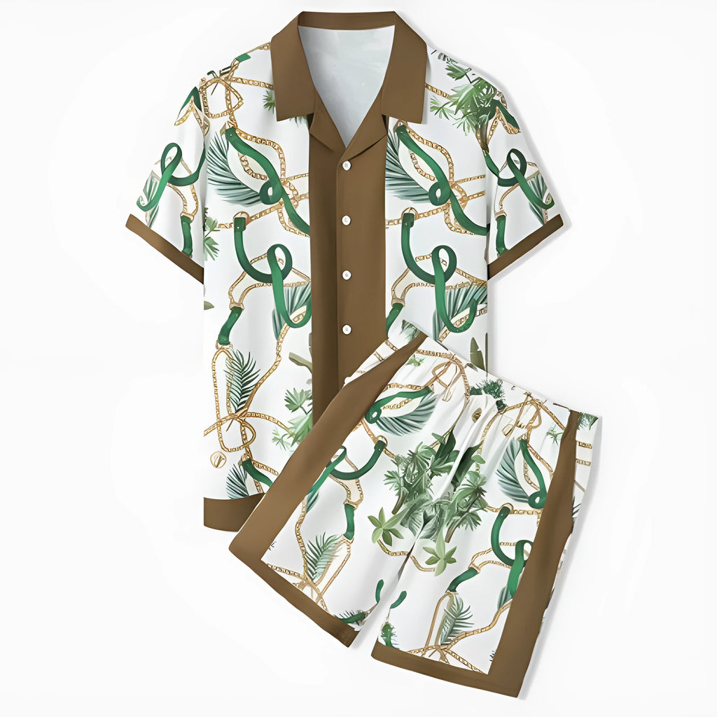 Men's plaid print beach shirt and shorts outfit set on a mannequin showing coordinated summer wear