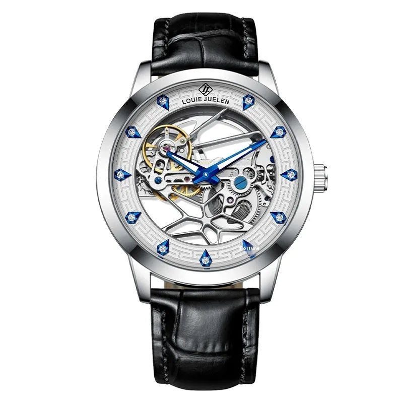Men's silver mechanical watch with white dial, blue hands, black leather strap, and luminous markers