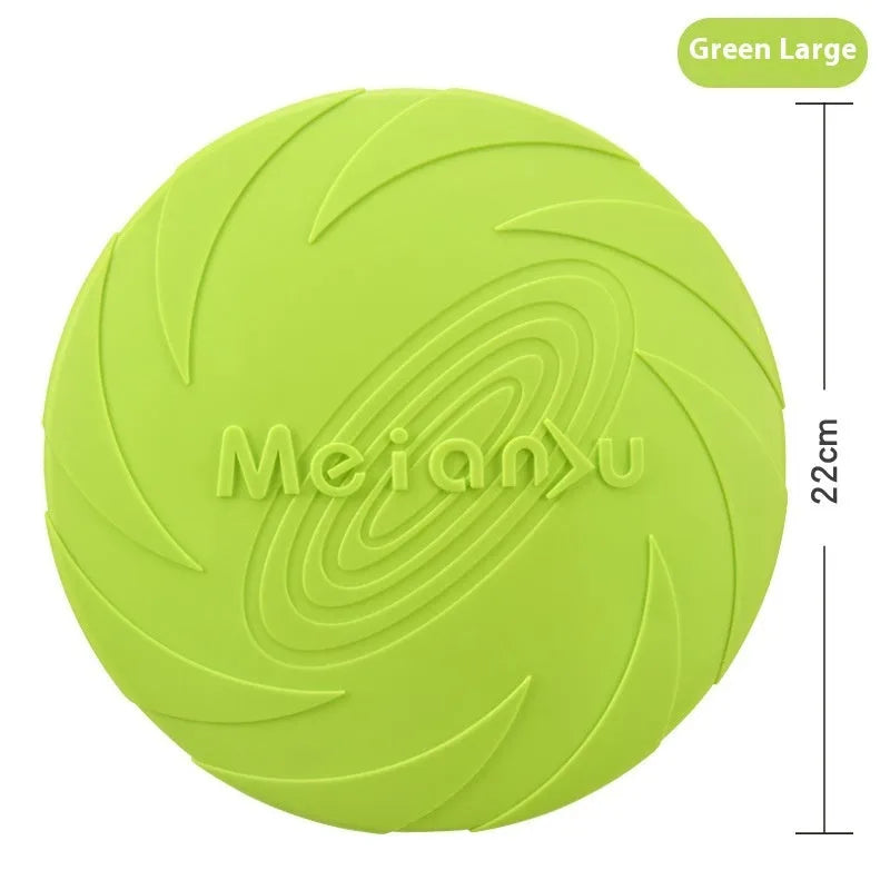 Soft rubber dog frisbee toy in blue, green and red colour options