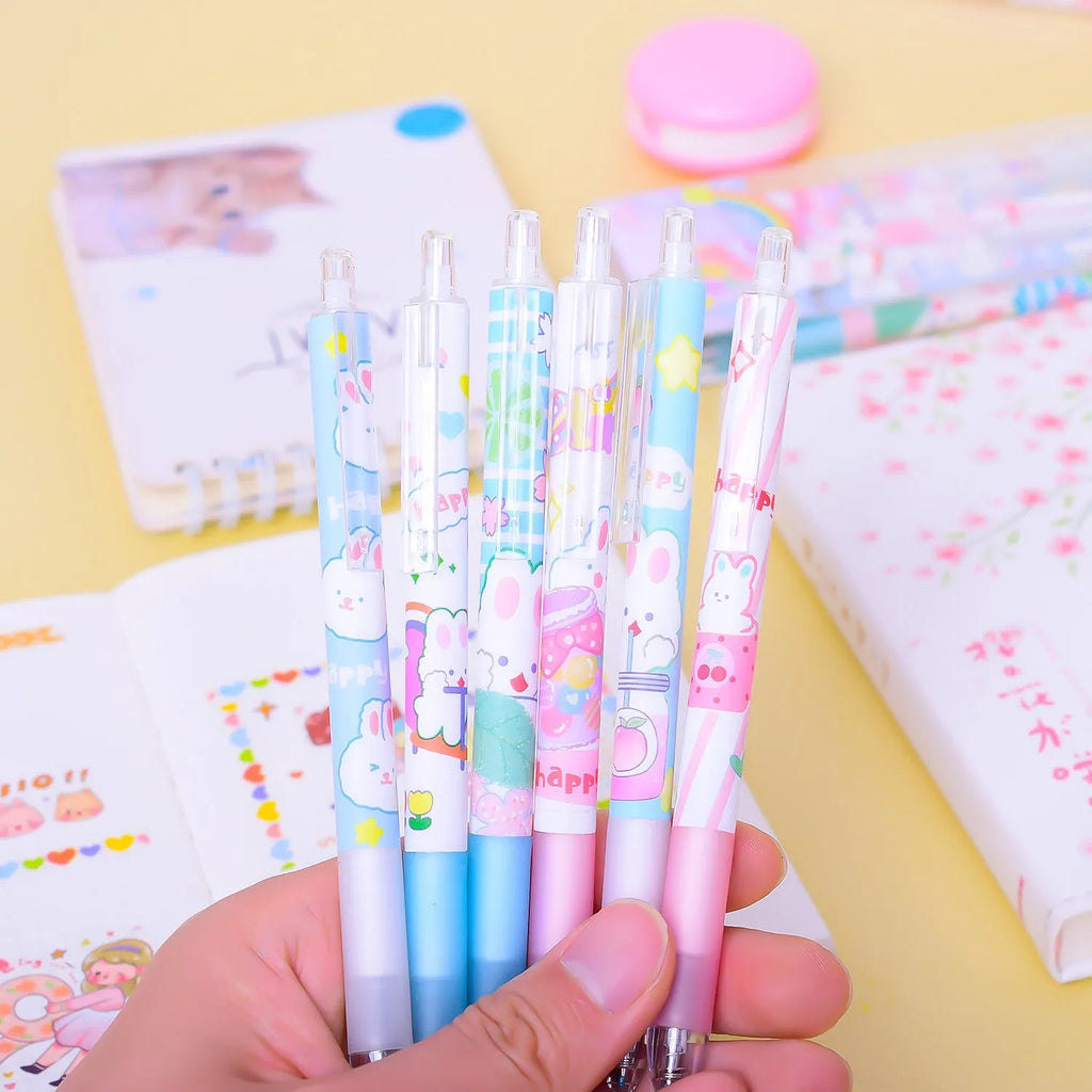 Cartoon bunny themed 0.5mm black ink pen set with six plastic shell pens for student stationery