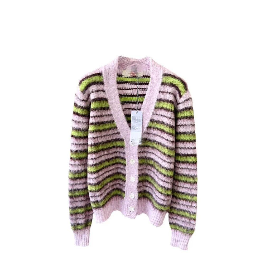 Pink wool knitted cardigan sweater on a hanger, showing round neck and cardigan style options.