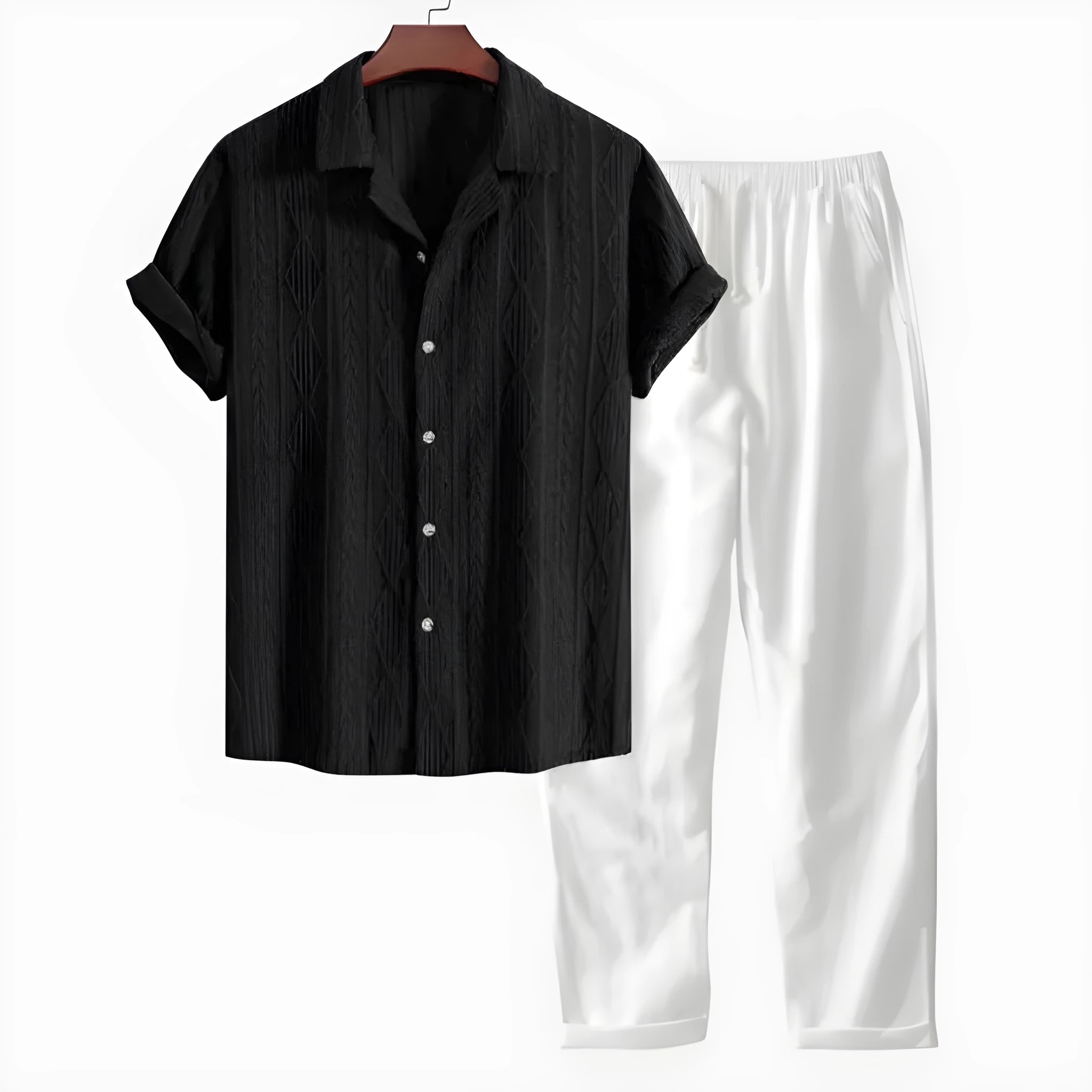 Casual two-piece suit with digital camouflage pattern, short sleeve shirt and trousers in slim fit