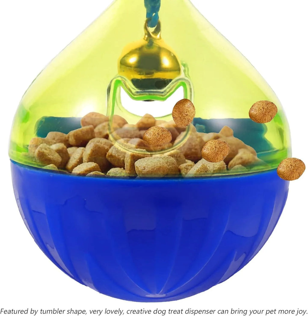 White tumbler-shaped dog and cat treat dispenser toy on a wooden floor