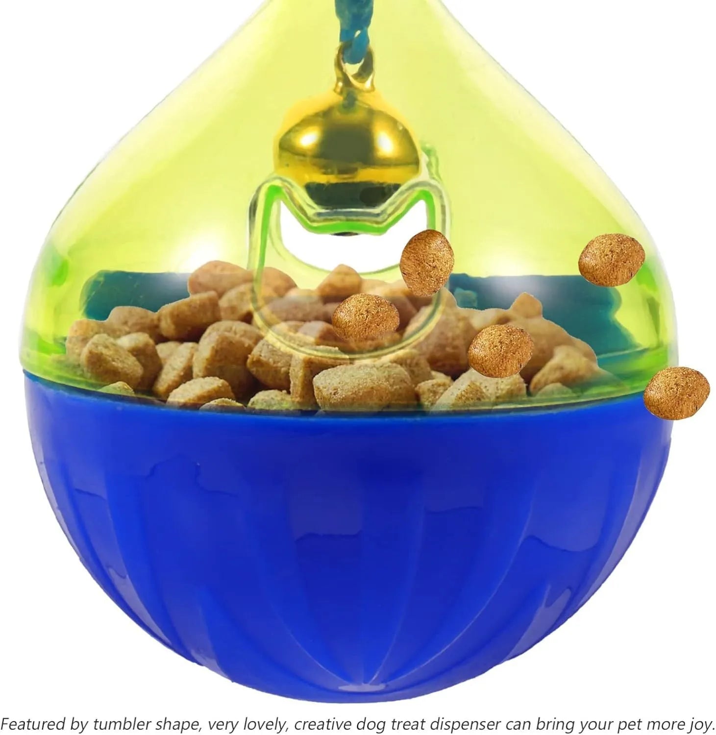 White tumbler-shaped dog and cat treat dispenser toy on a wooden floor