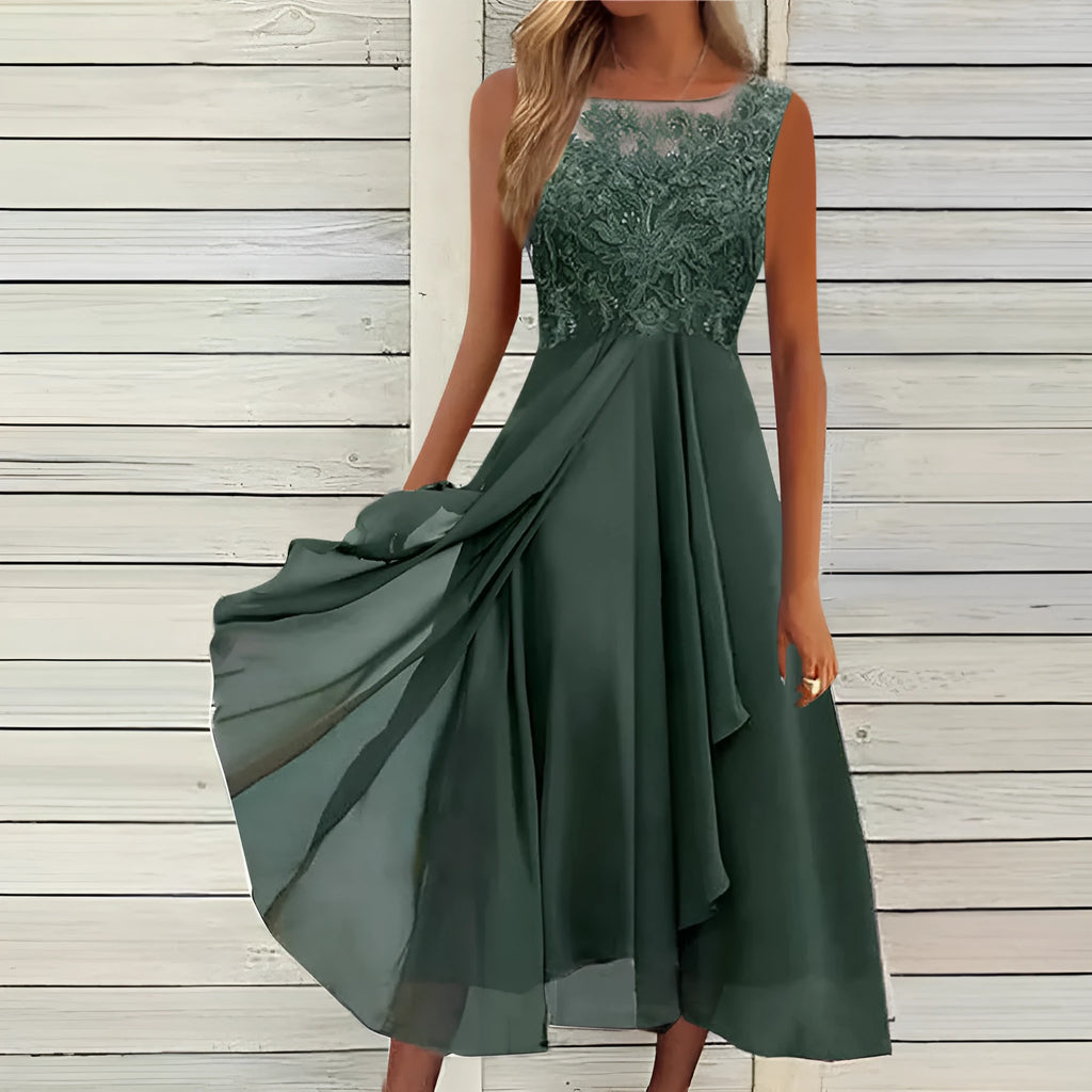 Women's sleeveless lace hollow-out chiffon dress in blue, green, or purple, mid-length skirt, princess style.