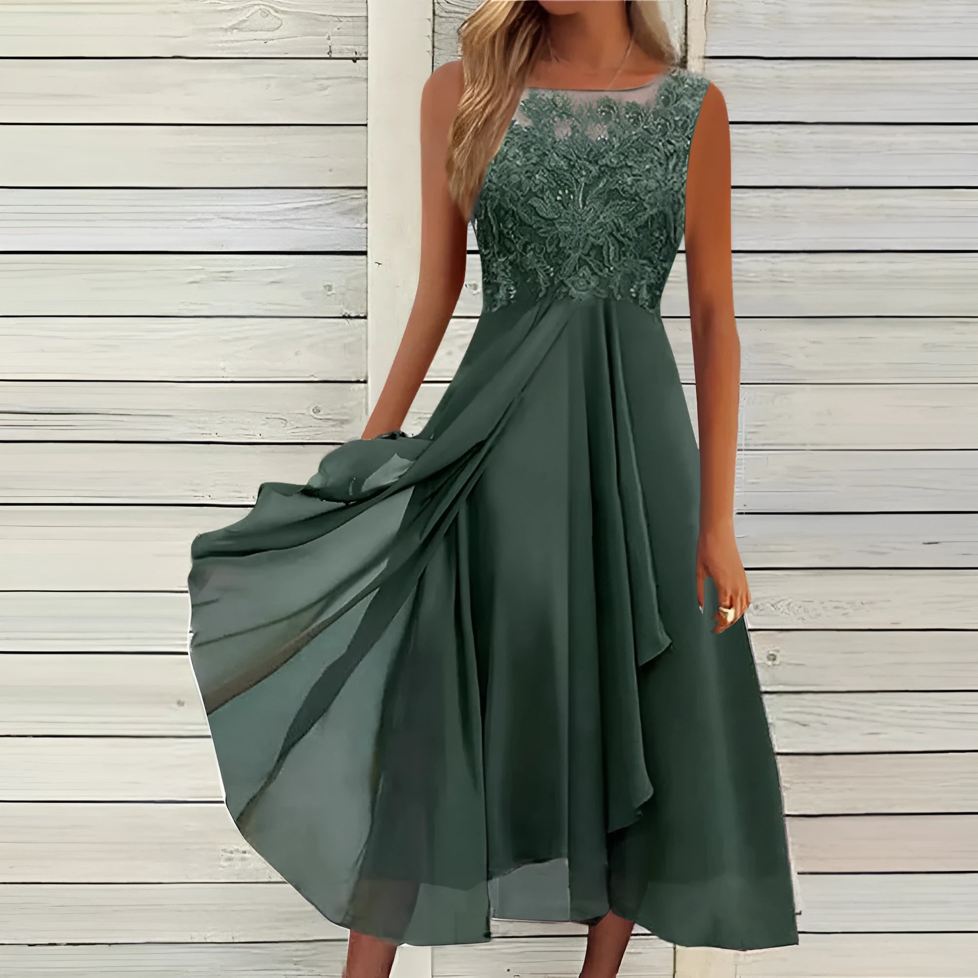 Women's sleeveless lace hollow-out chiffon dress in blue, green, or purple, mid-length skirt, princess style.