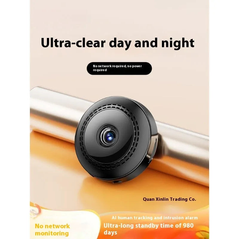 Wireless security camera with 360-degree rotation showing circular design and remote monitoring capability