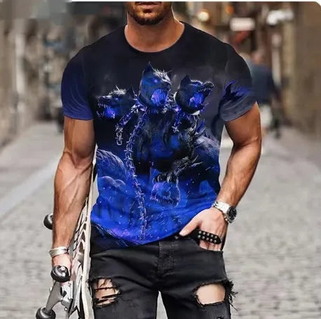 Men's grey t-shirt with a fierce 3D lion graphic print on the front