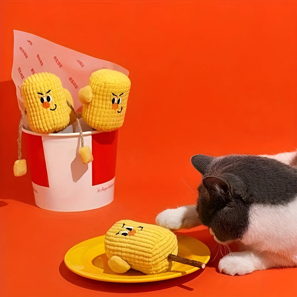 Polio wood corn cob shaped chew toy for cats on a white background
