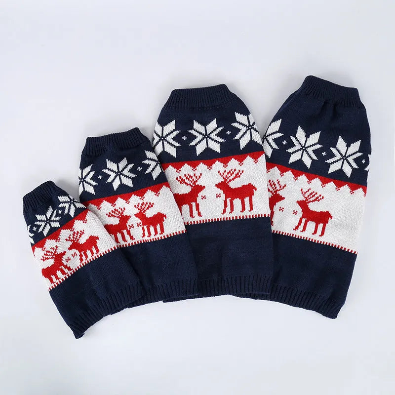 Navy blue knitted Christmas sweater for dogs in sizes XS, S, M, L
