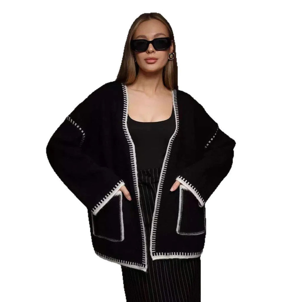 Loose lace-up front knitted cardigan in black, camel, or white colours