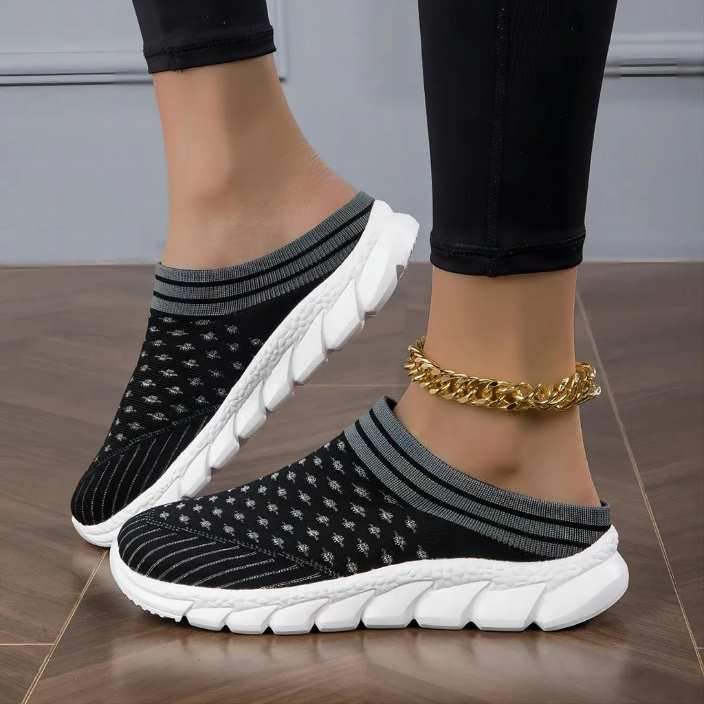 Women's striped Flyknit slipper shoes with hollowed-out pattern in black, pink, and purple colours