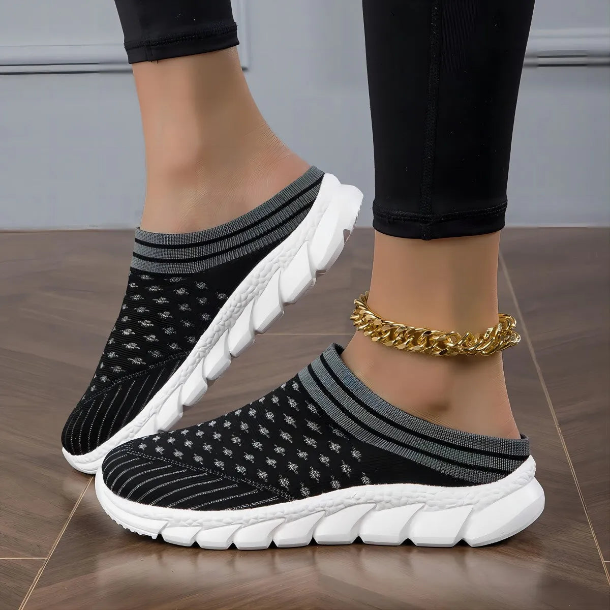 Women's striped Flyknit slipper shoes with hollowed-out pattern in black, pink, and purple colours