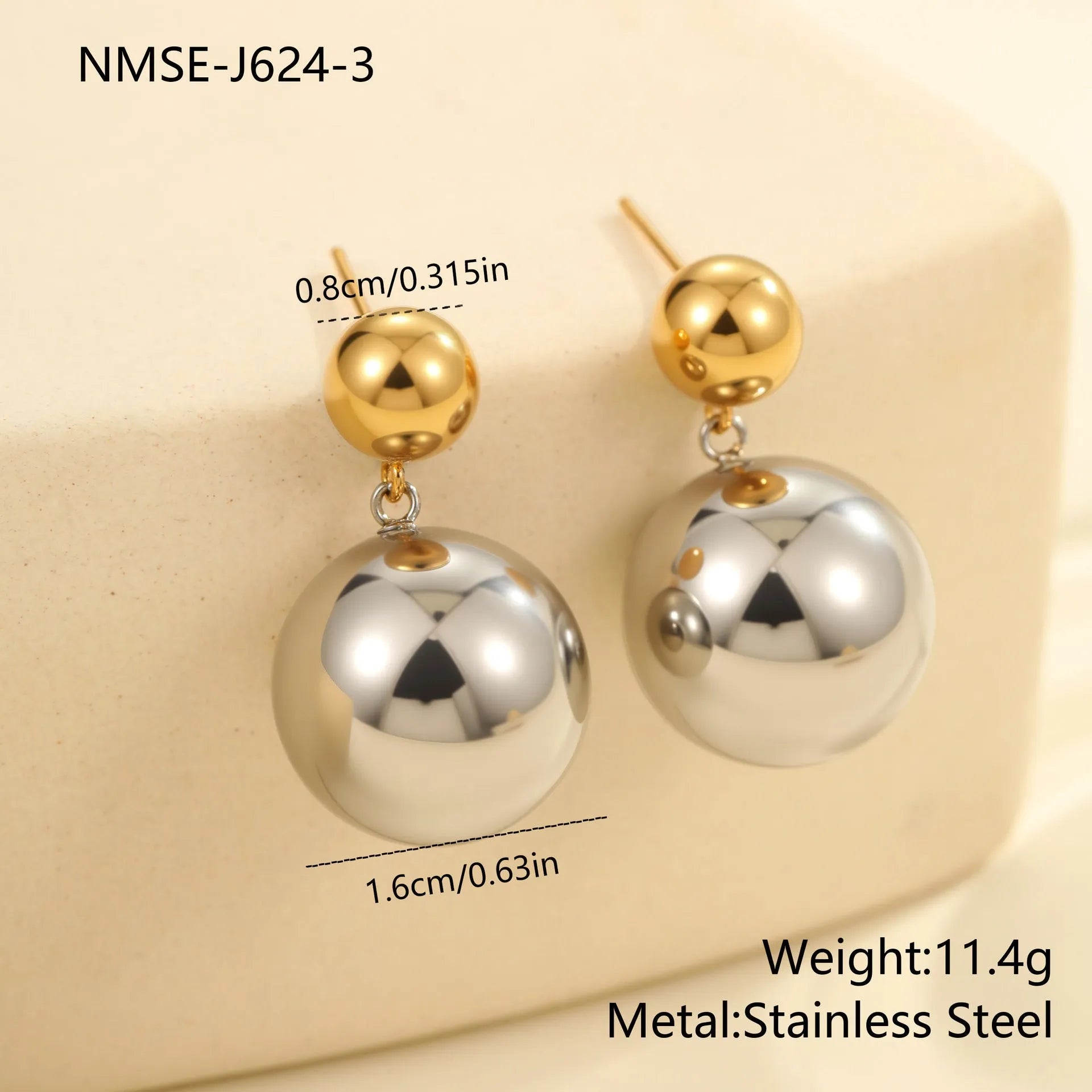 Round beads stainless steel geometric colour-block ear studs with 18K gold electroplated finish