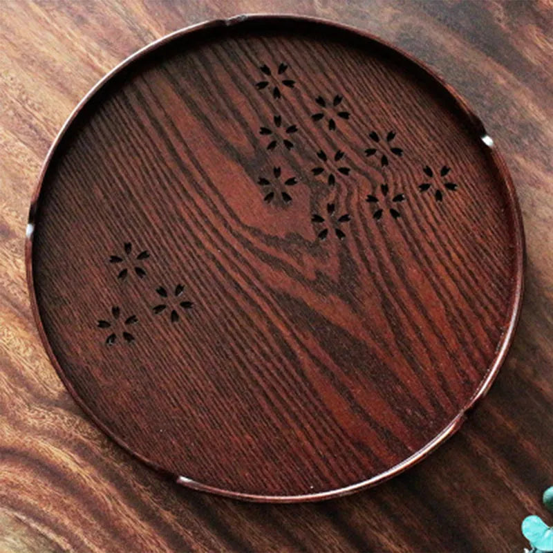 Wooden shallow plate with hollow cherry blossom pattern, 30cm diameter serving dish
