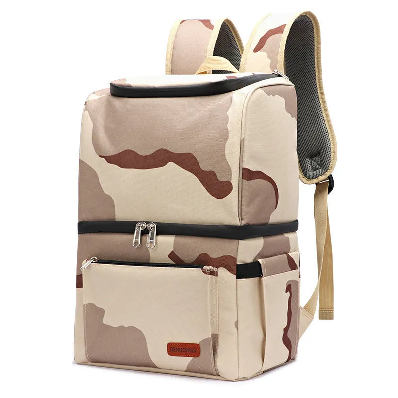 Blue double-layer insulated backpack cooler with large main compartment and external pockets.