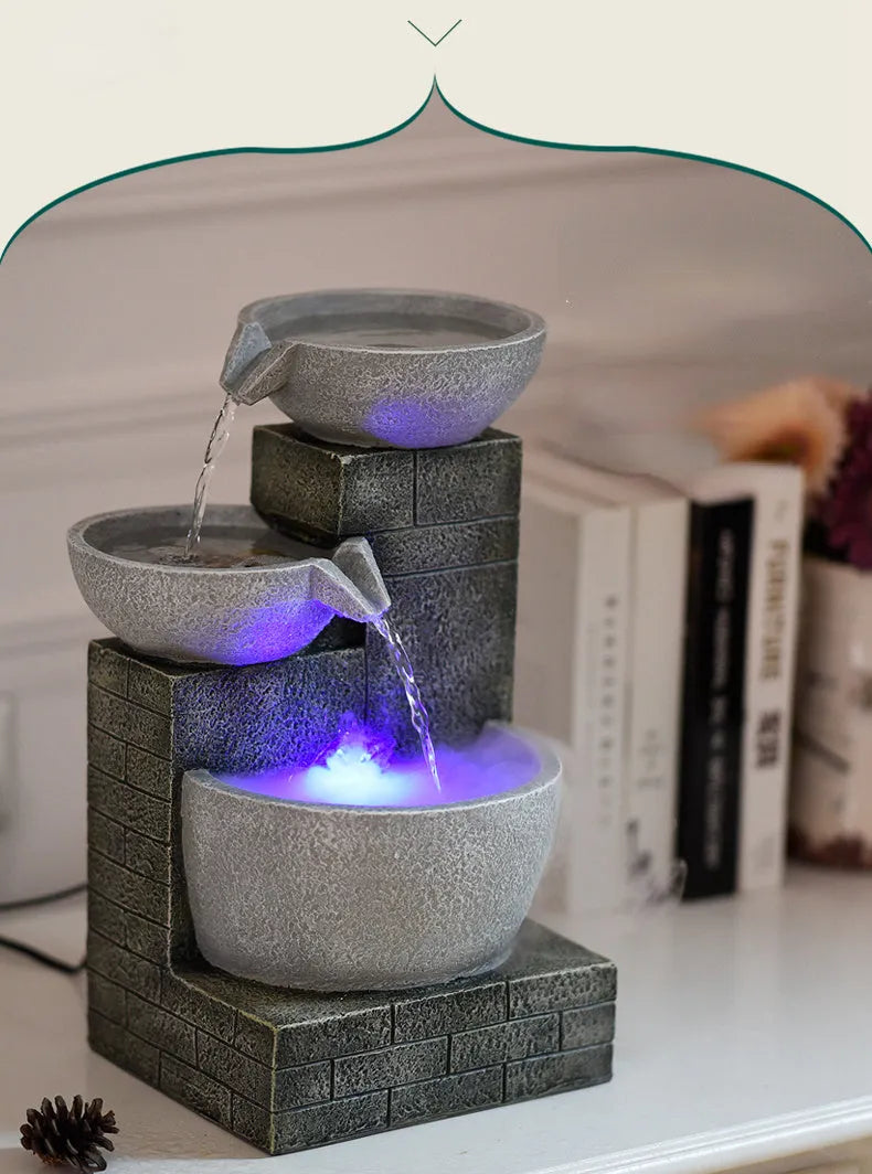 Light grey desktop fountain humidifier with hand-painted resin waterscape and atomizer, 25x21x43cm