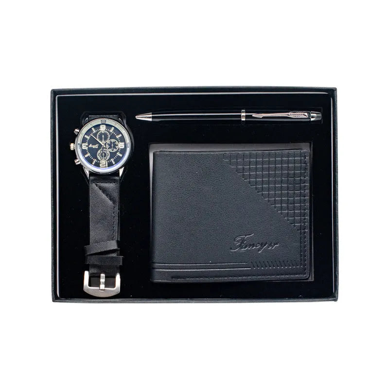 Creative holiday gift wallet pen watch set four-piece business promotional gifts black and brown options