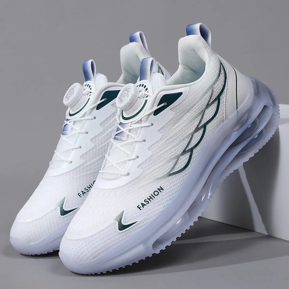 Men's white low-top mesh casual running shoes with round toe and lace-up front, on a solid background.