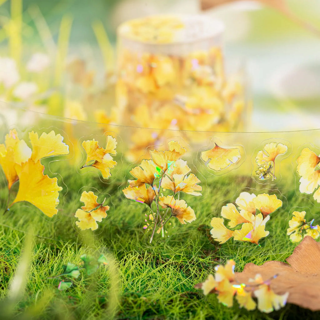 Deciduous Poetry series PET decorative sticker roll showing 40mm width and autumn leaf colour designs.