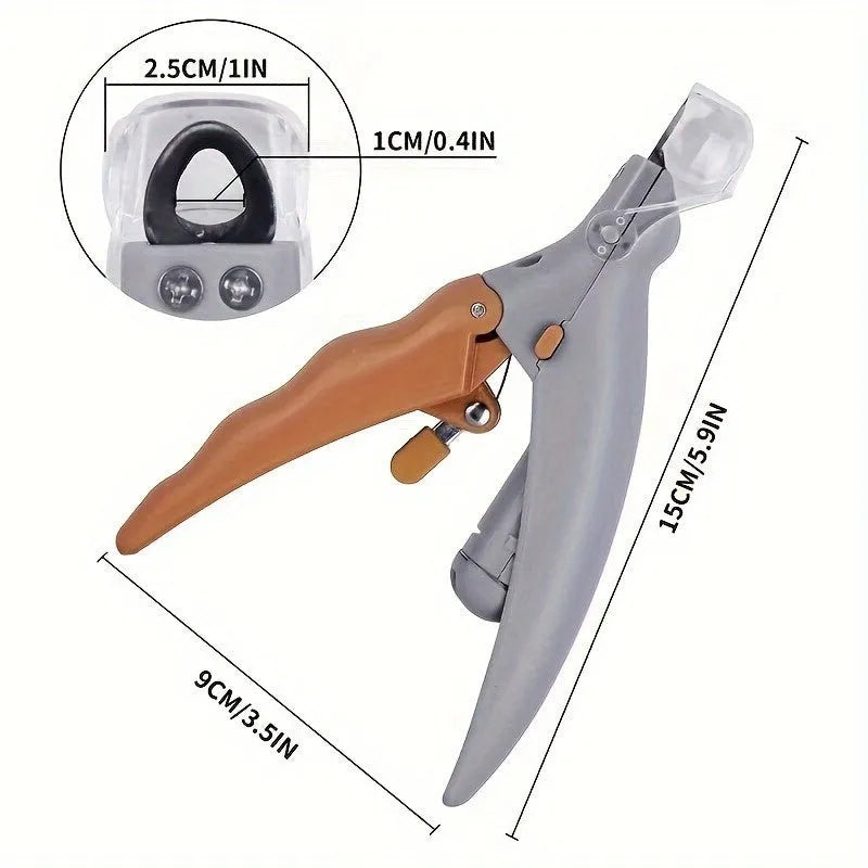 Yellow LED pet nail trimmer with magnifying glass, for trimming cat and dog nails safely.