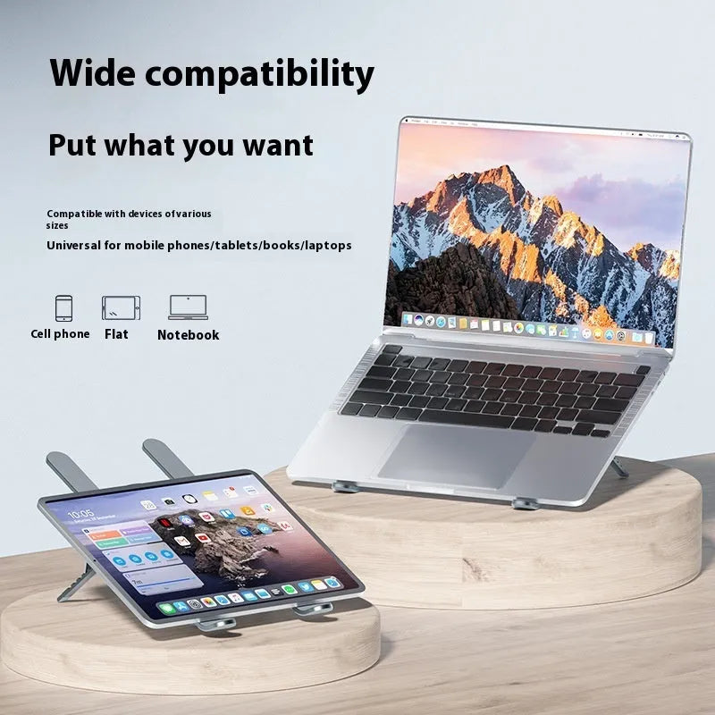 Silver aluminium laptop cooling stand with twin fans in folded position beside cloth carrying bag