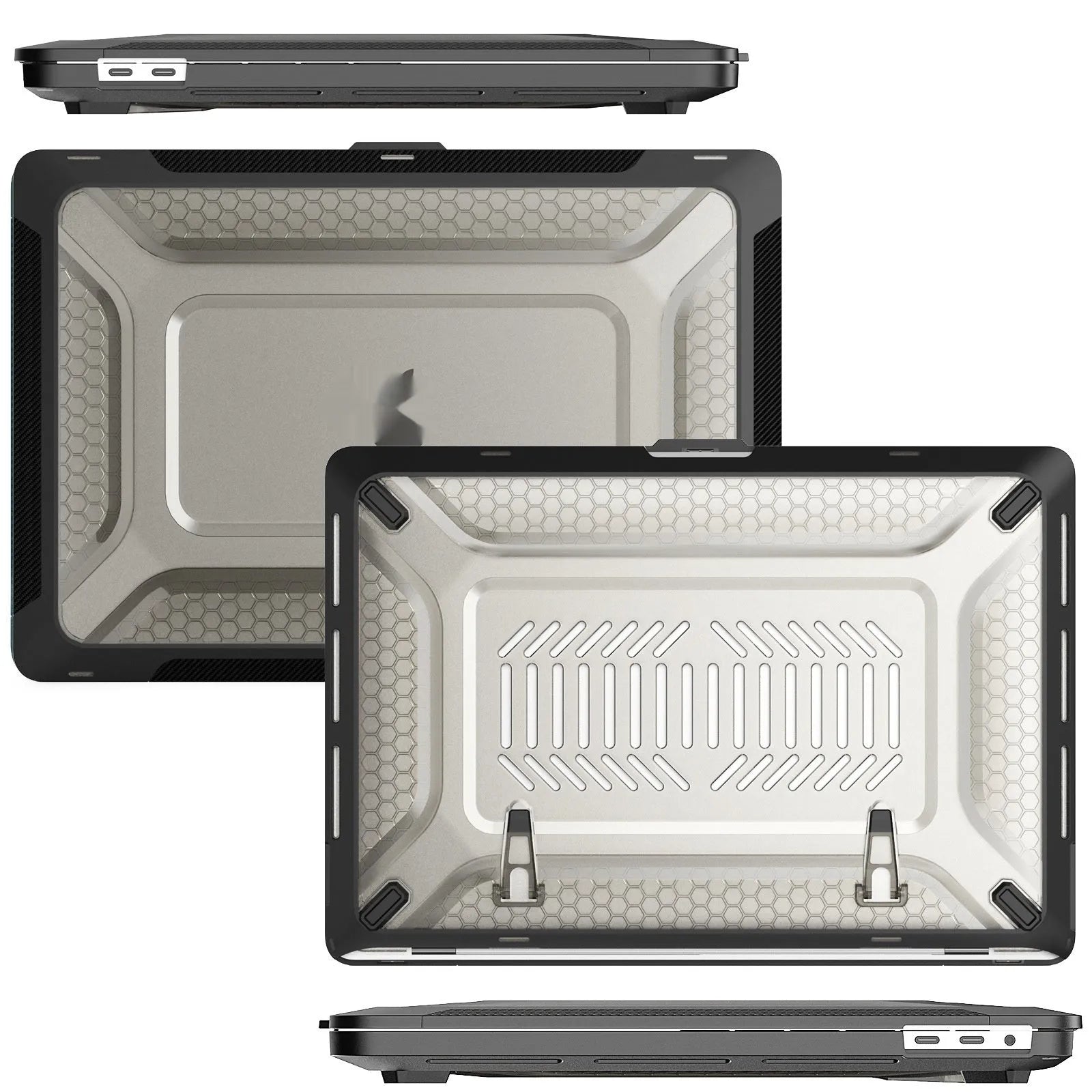 MacBook protective hard shell case in four colours: cool black, starry sky grey, elegant apricot, and sapphire blue