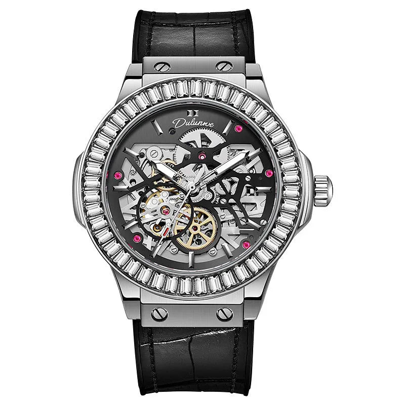 Automatic mechanical men's watch with diamond studded bezel showing hollow movement
