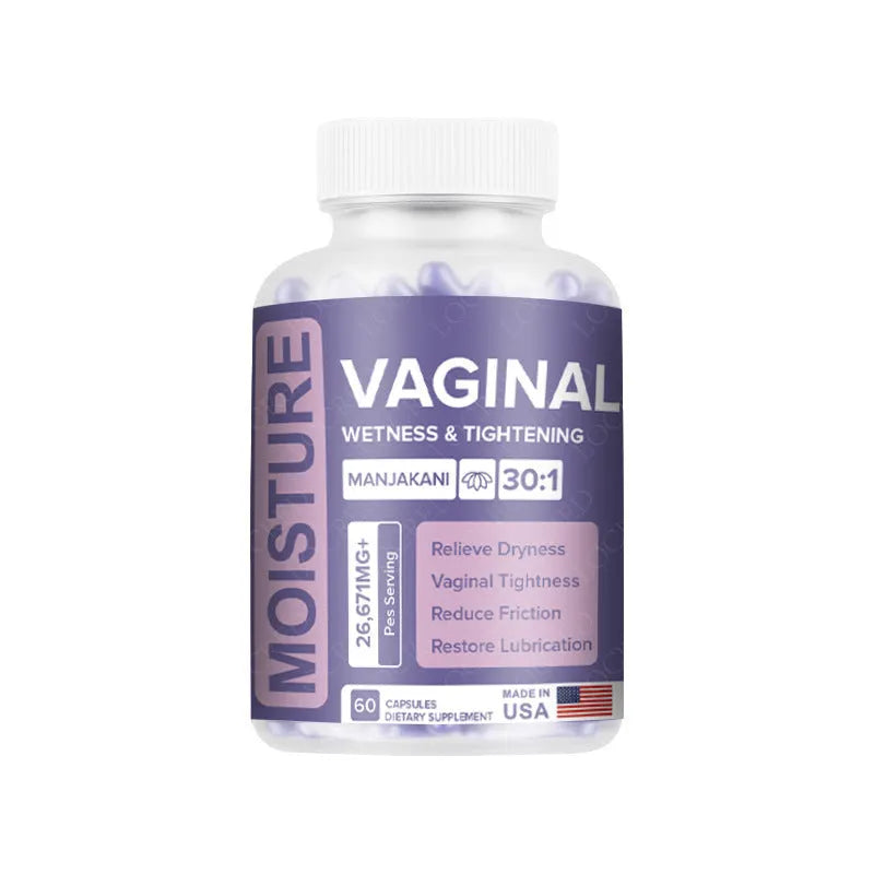 Bottle containing 60 vaginal capsules with botanical extract formulation for adult feminine care
