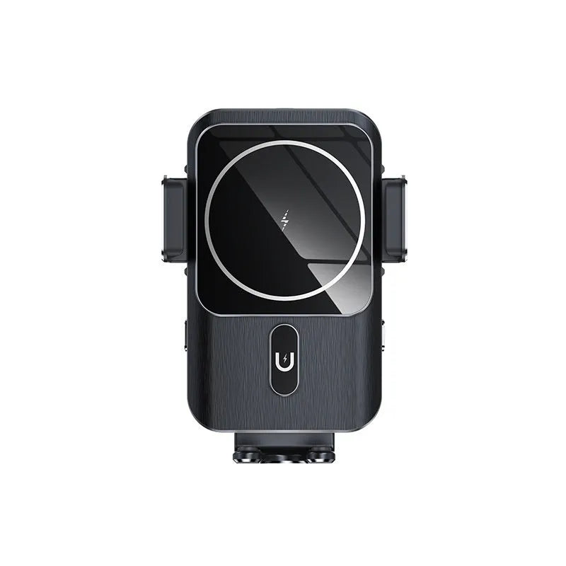 Black car wireless phone charger holder shown with clip and suction cup mounting options.
