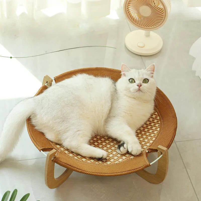Brown woven rattan pet hammock bed for cats and small dogs, measuring 46cm square.