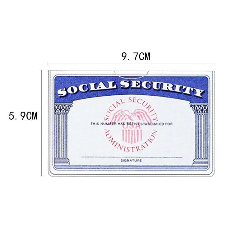 Transparent PVC waterproof social security card holder showing dimensions 9.7cm by 5.9cm