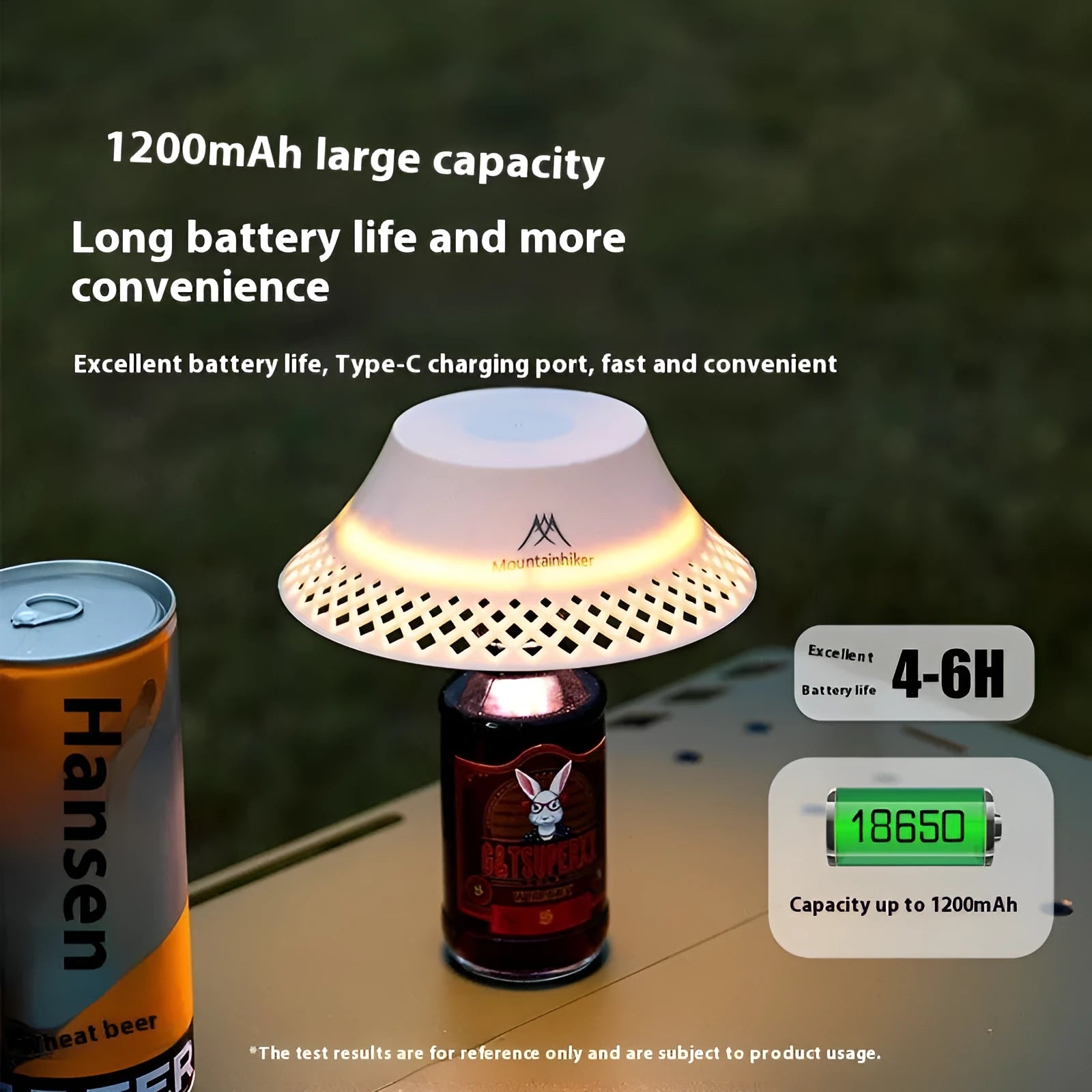 Beige wine bottle-shaped camping lantern with USB-C charging port and LED light