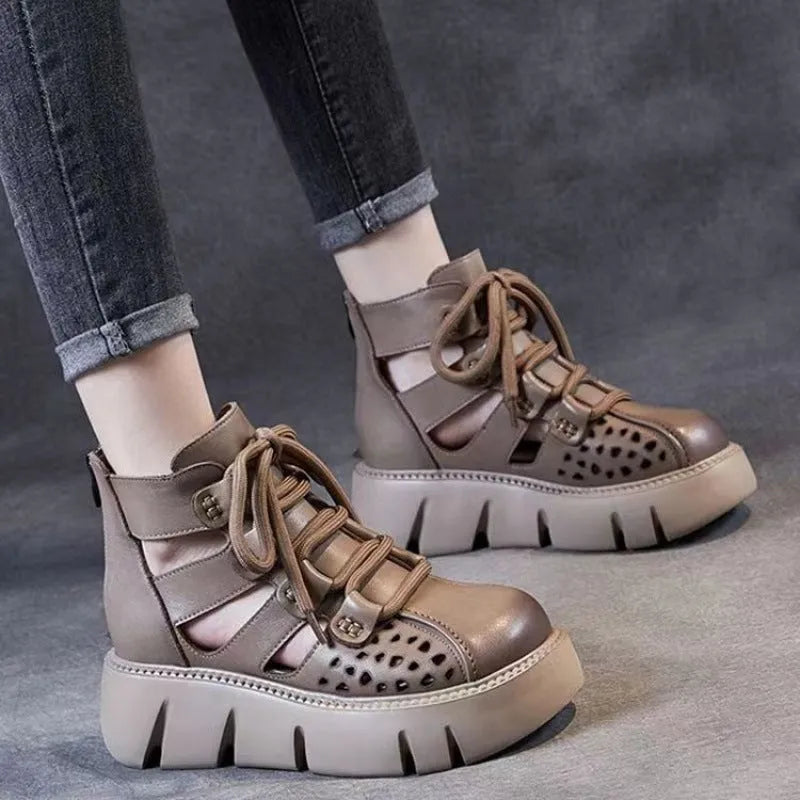 Women's black platform sandals with hollow hole design and fish mouth toe
